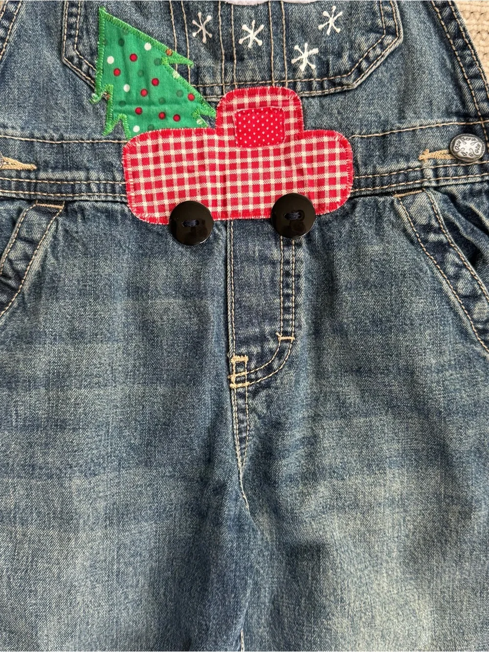 Oshkosh 3T Denim Overalls Christmas Holiday Red Plaid Truck Tree Retro Applique